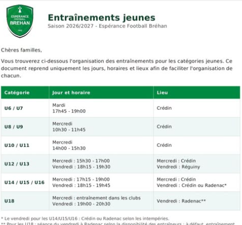 Planning des entraînements jeunes saison 2026-2027, Espérance Football Bréhan