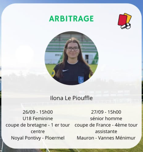 Désignations d'Ilona Le Piouffle : U18 féminine Noyal-Pontivy - Ploërmel le 26/09, et assistante Mauron - Vannes Ménimur en Coupe de France le 27/09