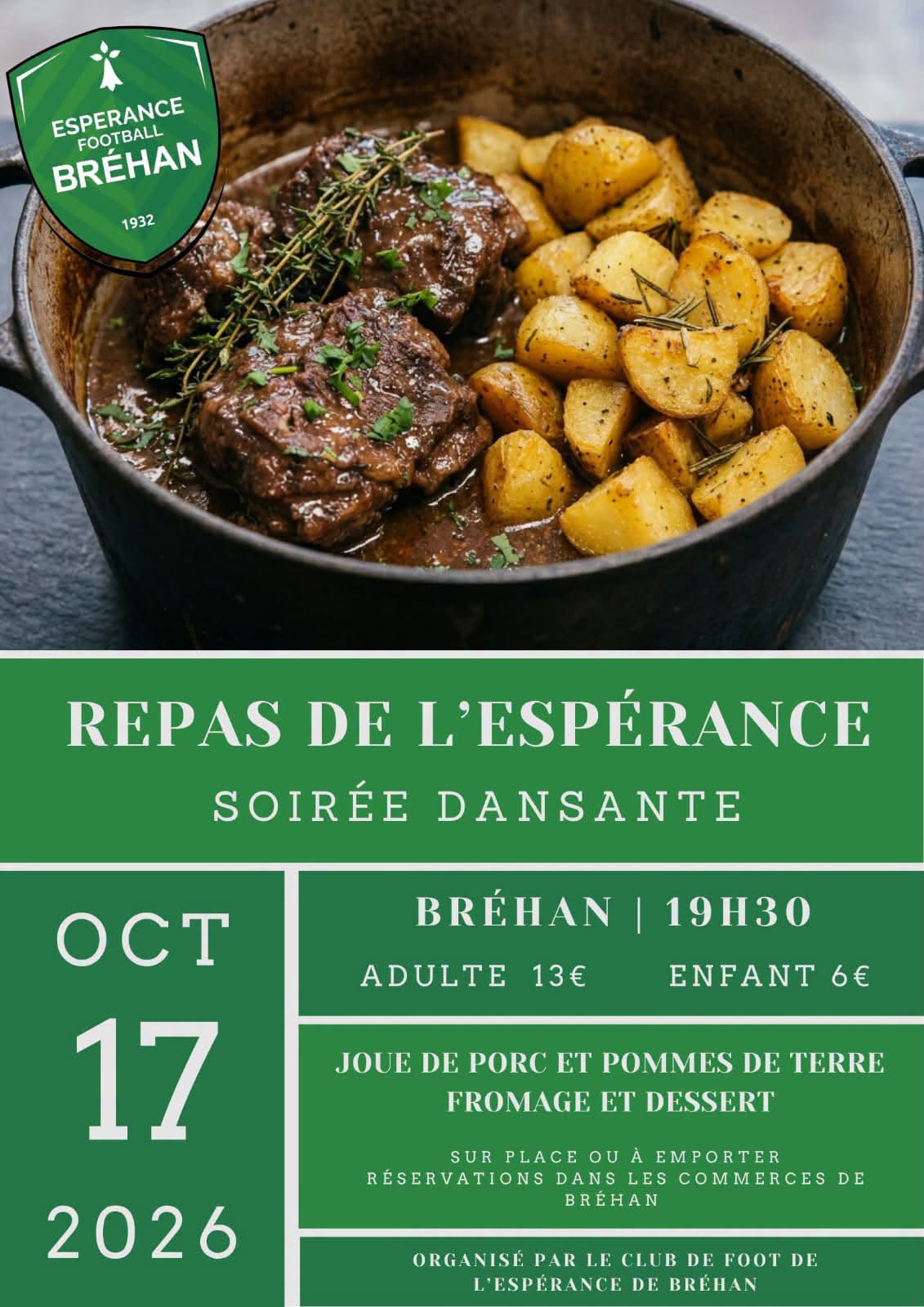 Affiche du Repas de l'Espérance, soirée dansante le 17 octobre 2026 à 19h30 à Bréhan : joue de porc et pommes de terre, fromage et dessert, adulte 13 €, enfant 6 €